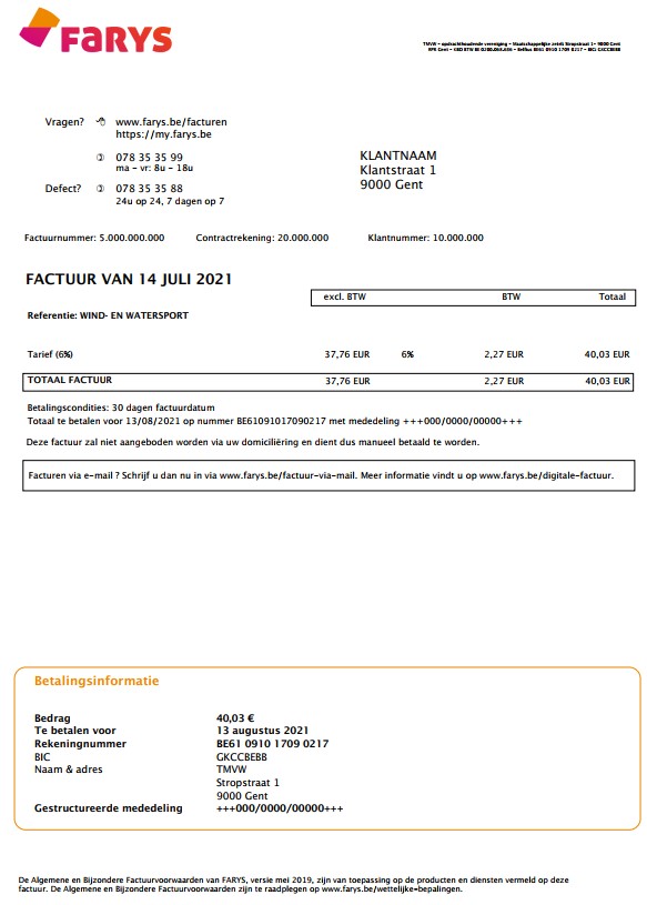 Voorbeeld factuur sport  overzichtspagina  Farys